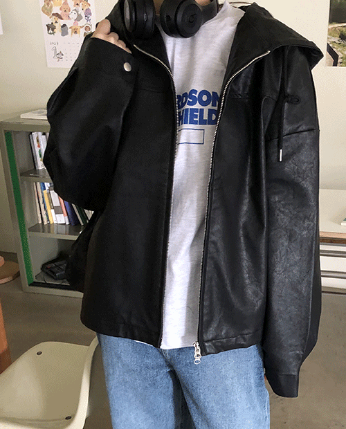 crop leather hood jumper : black