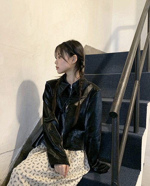two zipper leather jacket : black