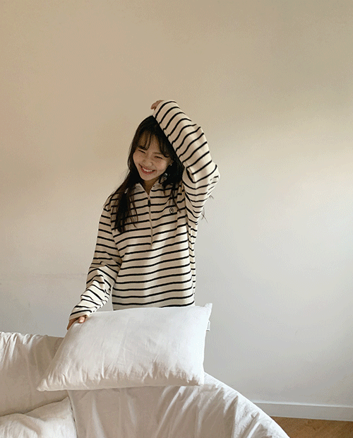 striped zip-up long top / 2color